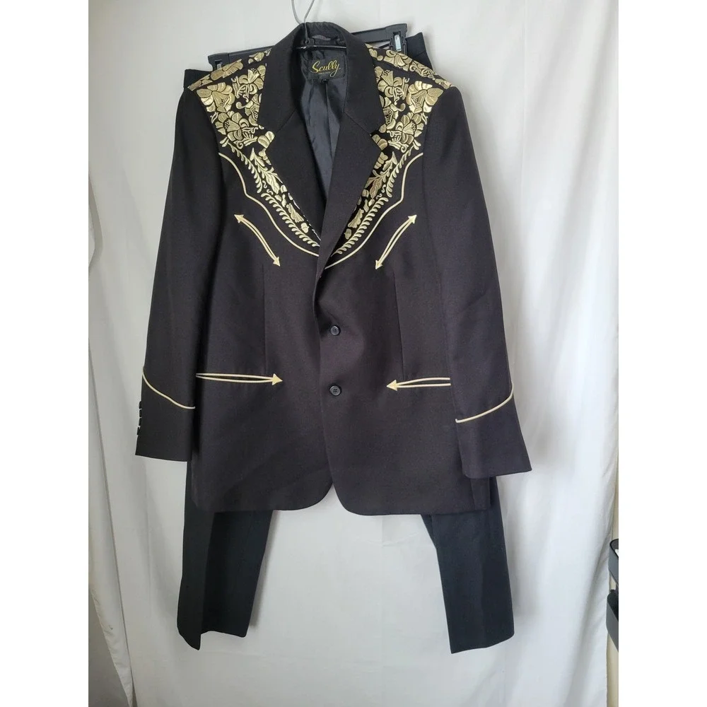 Scully Men's Black Gold Embroidered Western Suit Jacket Pants Set Size 44